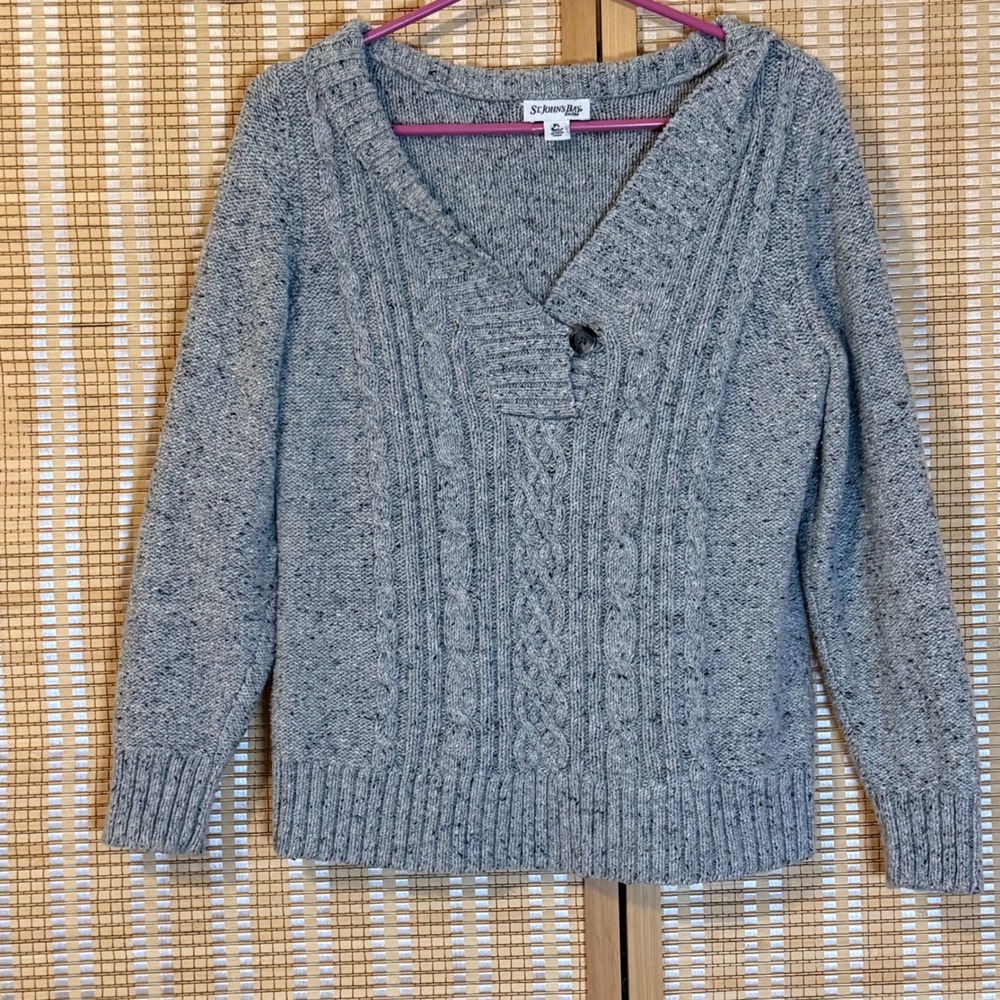 St Johns Bay Womens Gray Cable Knit V-Neck Button Sweater Petite Large Coastal
